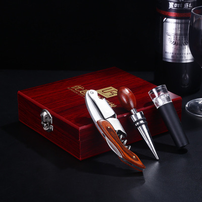 Factory High-End Wine Opener Wooden Box Wine Corkscrew Three-Piece Wine Set Suit Business Promotional Products Customization