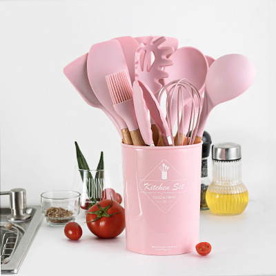New Color Listed Cross-Border Spot Solid Wood Handle Strap Storage Bucket Pink Silica Gel Kitchen Ware 11-Piece Set