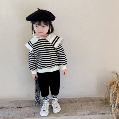 Clothing 2020 Autumn New Children's Sailor Collar Striped Sweater Sweatpants Suit Small Girls Casual TwoPiece Set