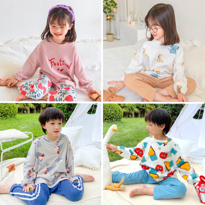 Pajamas Boys Spring and Autumn LongSleeve Suit Girls Children's round Neck Leisure Tops One Piece Dropshipping