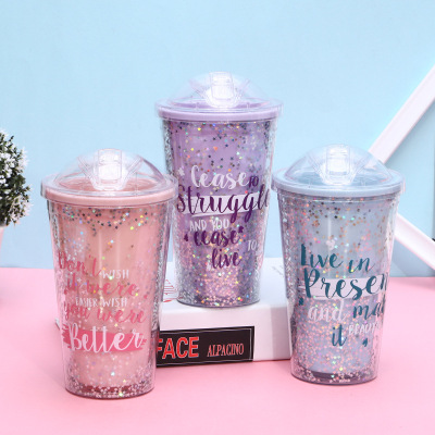Net Red Celebrity Inspired Double-Layer Summer Cup Outdoor Portable Student Straw Plastic Water Bottle Creative Broken Ice Cup Can Be Customized