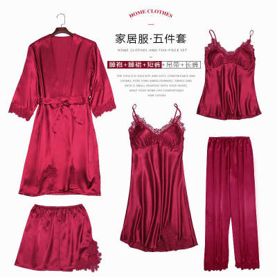 Pajamas with Chest Pad Spring and Summer Sexy Imitated Silk Pajamas FivePiece Suspender Shorts Nightdress Nightgown