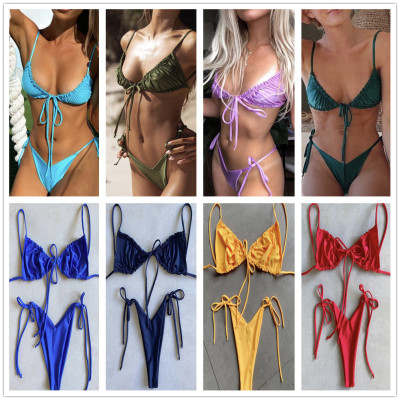 TwoPiece Bikini Swimsuit Solid Color New Style Female Bikini Foreign Trade Whole Hot Selling Thin Drawstring Swimsuit