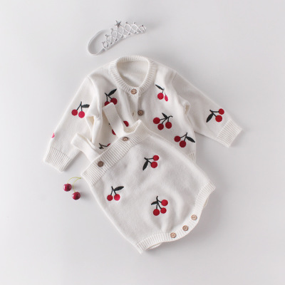 Set 02 Years Old Female Baby Cherry Embroidered Cute Sweet LongSleeved Upper Garment Princess Dress Two Pieces Optional