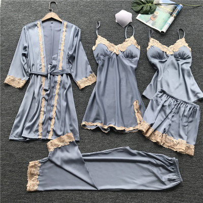 Summer Sexy Pajamas FivePiece KoreanStyle Spaghetti Strap Pajamas Women's Leisure Tops with Chest Pad Nightgown Thin