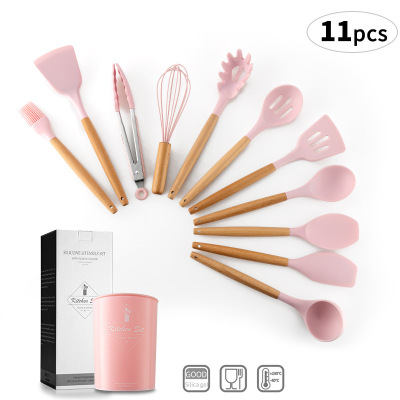 Cross-Border Solid Wood Handle Strap Storage Bucket Pink Silica Gel Kitchen Ware New Color 11-Piece Set