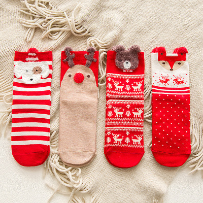 Socks Colored Cotton Bright Red Socks Elk Cartoon Animal Ears Autumn and Winter Cotton Cute Sweet Stockings Whole