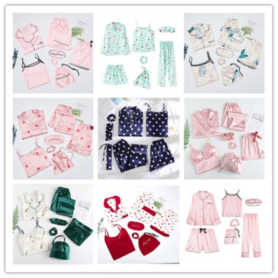 Seasons Korean Style 2020 Imitated Silk Pajamas Female Spring and Autumn LongSleeved Cardigan SevenPiece Leisure Tops