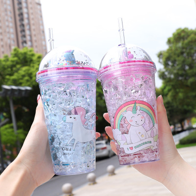 Net Red Broken Ice Cup Double-Layer Ice Cooling with Cup with Straw Korea Cute Drinking Water Cup Summer Ice Plastic Cup