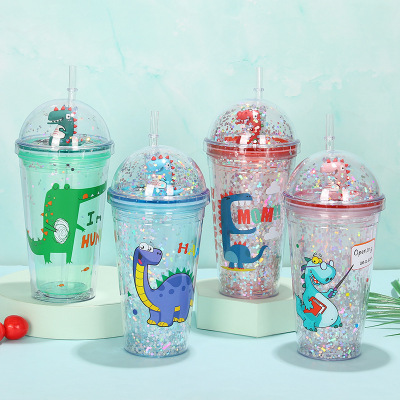 Creative Cartoon Double Layer Cola Ice Cup Student Straw Portable Plastic Water Bottle Transparent Children's Portable Bottle Can Be Customized