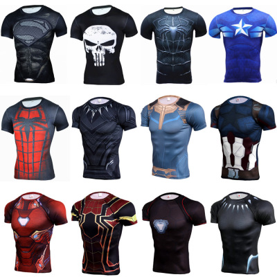 3D Digital Printing Superman Panther Short-Sleeved T-shirt Captain America Sports Tights Men Quick-Dry Fitness
