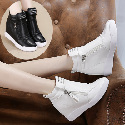 Popular Autumn New round Head HighTop Shoes Flat Bottom Side Zipper Elevator Casual Sports Letter CottonPadded Shoes