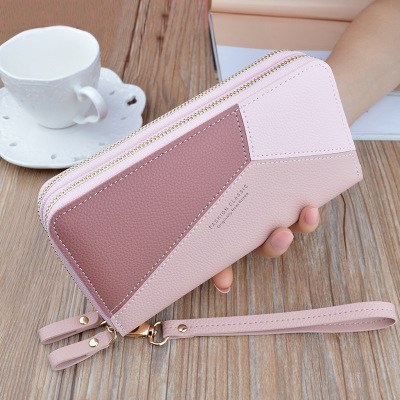 2020 New Double Zipper Hand Wallet Women's Long Stitching Contrasting Color Large Double-Layer Wallet Mobile Phone Pouch