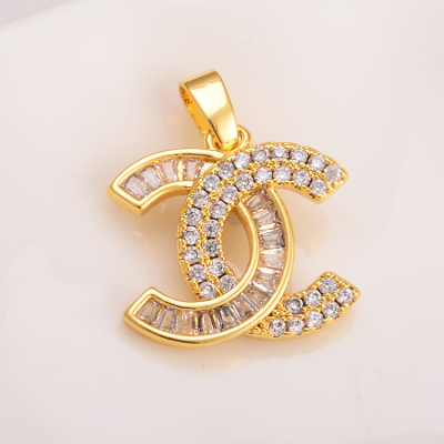 Creative Copper Gold-Plated Diamond-Embedded Zircon Semicircle Pendant Internet Celebrity Same Style Chanel Style Double C Necklace Pendant Wholesale