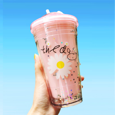 Factory Direct Sales Custom Pattern Little Daisy Leak-Proof Cup Korean Style Female Student Plastic Straw Double Layer Gift Cup