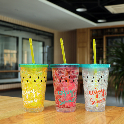 Water Cup Flat Lid Melon Seeds English Summer Crushed Ice Cup Ice Cup Environmental Protection Double Layer Cold Insulation Ice Cup Factory Direct Sales