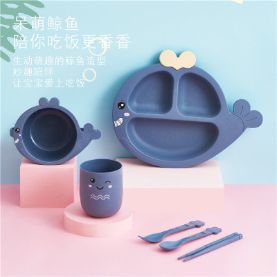 6-Piece Cute Whale-Shaped Tableware Men and Women Baby Creative Frame Plate Green Wheat Straw Bowl Cup