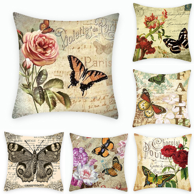 American Country Flower-Bird Print Butterfly Linen Pillow Throw Pillowcase Sofa Waist Rest Home Fabric without Core