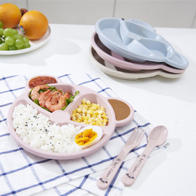 Three-Piece Suit Children's Dinner Plate Containing Spoon Fork Wheat Straw Cartoon Eat Disk Kindergarten Binning Plate Ruggedness