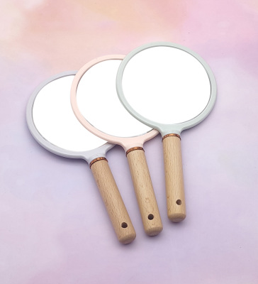 Factory Direct Sales Wooden Handle Hand Holding Small Mirror Makeup Makeup Warm and Convenient Small Mirror Delivery Supported