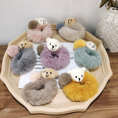 Cute Bear Plush Hair Ring Korean Style Internet Celebrity Cute Girly Style Rubber Band for Bun Haircut Imitated Mink Hair Rope