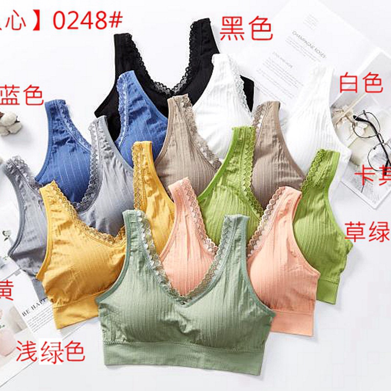 新款无缝蕾丝女王美背文胸花边透气无钢圈瑜伽运动内衣竖条文胸衣