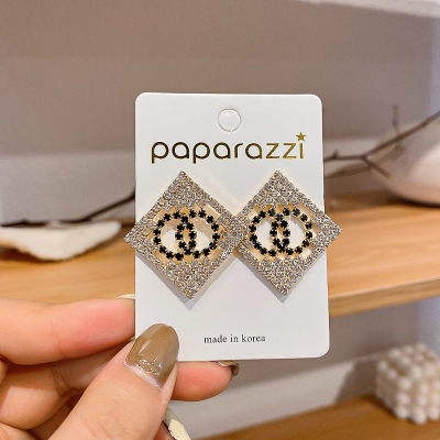 925 Silver Needle Sense of Quality Square Double Ring Full-Jeweled Stud Earrings Korean Style Fashion All-Match Personalized Eardrops Simple Elegant Women