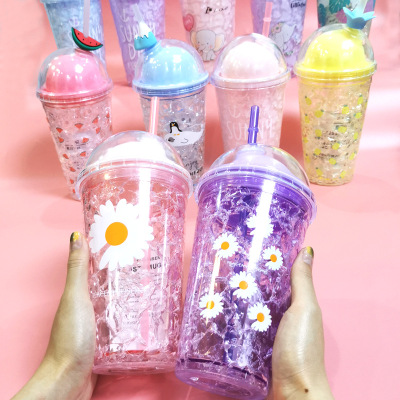 Factory Wholesale Summer Ice Glass Teenage Creative Little Daisy Gift Cup with Straw Double-Layer Plastic Cups Generation