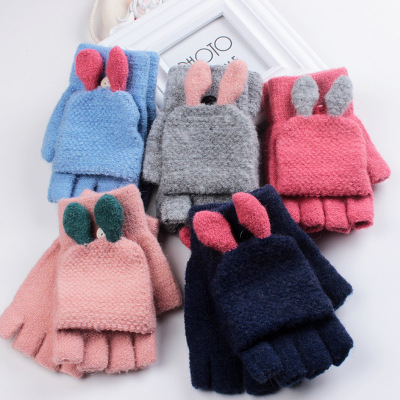 Factory Direct Sales Winter Girls' Jacquard Rabbit Ears Flip Gloves Students Warm-Keeping Cold-Proof Casual Gloves Wholesale