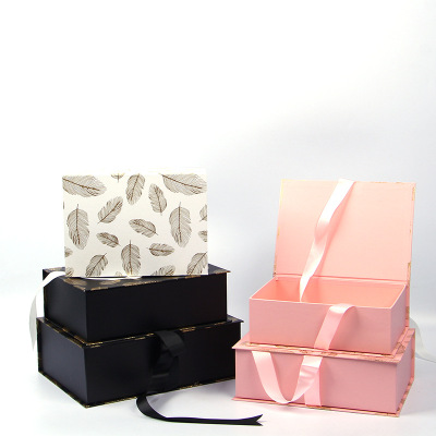 Rectangular Flip Gift Box Three-Piece Ribbon Gift Box Gilding Wedding Souvenir Box High-End Packaging Box Customization