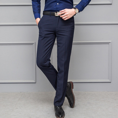 Four Seasons Business Straight-Leg Youth Vertical Pattern Slim Fit Four Seasons Universal Navy Blue Boys Straight Work Suit Pants