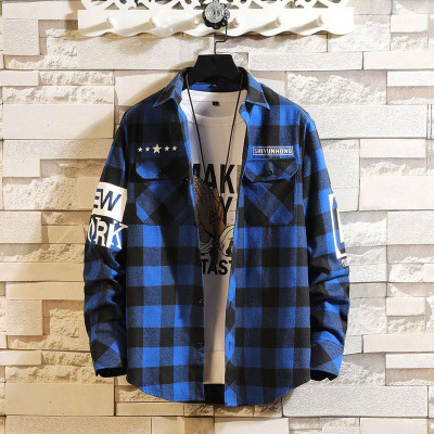 Youth Men's Clothing Wholesale Plaid Shirt Men's Long-Sleeve Shirt Men's Leisure Hong Kong Style Fashionable Print Shirt