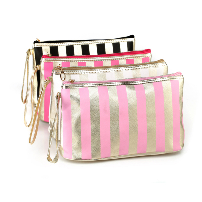 Foreign Trade Classic Gold Bottom Printed Striped Storage Bag Factory Direct Sales Pu Cosmetic Bag Large Capacity Handbag