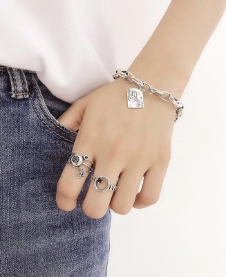925 Silver Vintage Thai Silver Distressed Letters Brand Korean Retro Internet Hot Student All-Matching Simple Bracelet