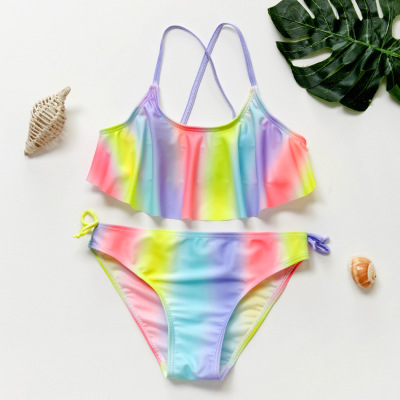 Foreign Trade New 2020 Girl's Swimsuit Children's Split Bikini Suit Girl Swimwear Rainbow Stripes