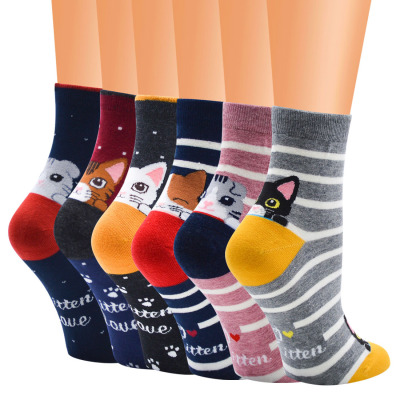 New Autumn and Winter Korean Style Cartoon Socks Women All Cotton Mid-Calf Length Socks Cat Funny Cotton Socks Women Wholesale