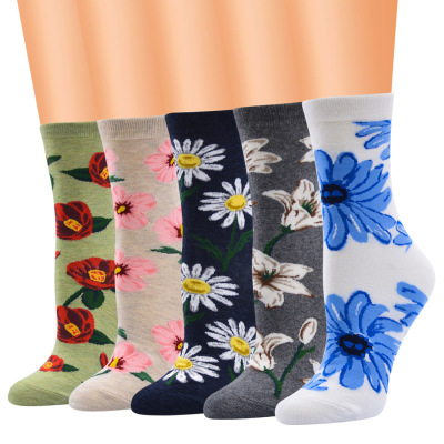 New Sweet Japanese Flower Series Socks Mid-Calf Female Cotton Socks Plant Flower Color Socks Women's Socks Wholesale