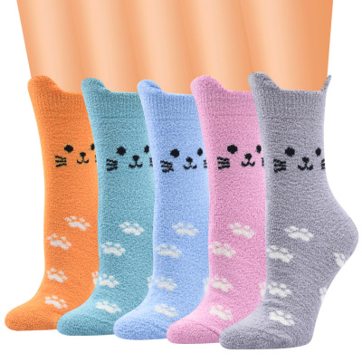 New 3D Cartoon Cat Socks Women's Coral Fleece Socks Extra Thick Thermal Socks Women's Sleeping Socks Mid-Calf Length Socks
