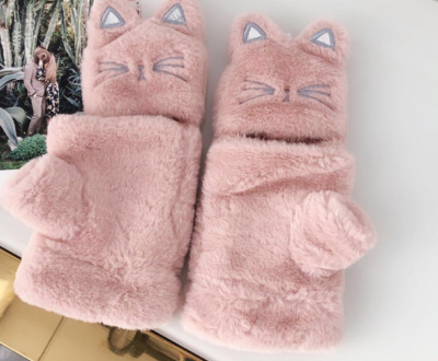 Winter Women's Korean-Style Fashionable Japanese-Style Cute Fleece Lined Padded Warm Keeping Student Half Finger Plush Gloves
