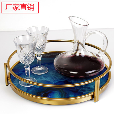 Factory Direct Sales Nordic Glass Storage Tray Domestic Ornaments Tea Set Disc Blue Agate Metal Crafts