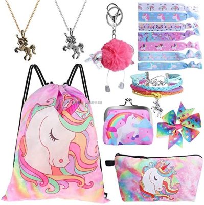 Slingifts Unicorn Gifts for Girls - Unicorn Drawstring Backpack/Makeup Bag/Bracelet/Necklace/Hair Ties/Keychain