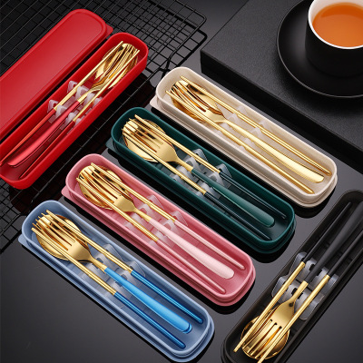INS Style Stainless Steel Portable Tableware Student Tableware Three-Piece Set Fork Spoon Chopsticks Gift Portable Set