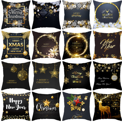 Gm166 Peach Skin Fabric Black Gold Christmas Pillow Cover New Cross-Border Hot Snowflake Letters Sofa Cushion Cover