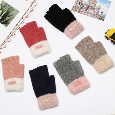 Student Autumn and Winter Thermal Screw Type Gloves Female Labeling Half Finger Outdoor Keep Warm Gloves Cashmere-like Clothing Gloves