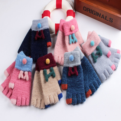 2020 New Winter Warm Children's Gloves Cartoon Cute Korean Three-Dimensional Open Finger Gloves Factory Wholesale