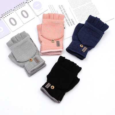 Autumn and Winter Cashmere Gloves Women's Korean-Style Fashion Flip Gloves Half Finger Gloves Jacquard Stripe Warm Gloves