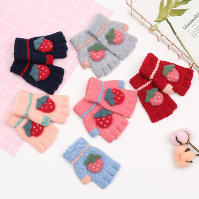 New Trend Winter Children's Half Finger Thermal Gloves Strawberry Pattern Travel Gloves for Boys and Girls Factory Direct Sales