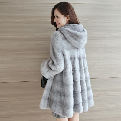 Mink Fur Coat for Women 2019 Winter New Haining Mid-Length Hooded Whole Mink Marten Overcoats