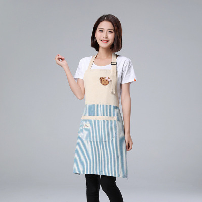Washable Cotton Linen Apron Oil-Proof Stain-Proof Adult Women's Stitching Bear Waist Korean Style Work Clothes Coverall