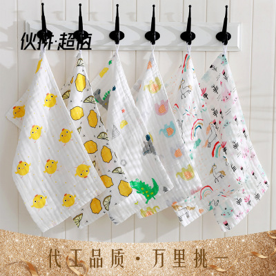 Gauze Towel Pure Cotton Pleated Gauze Baby Face Towel Absorbent Printing Cartoon Infant Gauze Towel